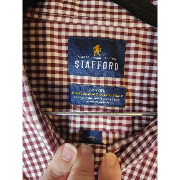 STAFFORD TRAVEL PERFORMANCE CHECK LONG SLEEVE X TALL 19 38/39 BURGUNDY White - Picture 7 of 8